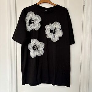 Black T-Shirt with White Floral Appliqué